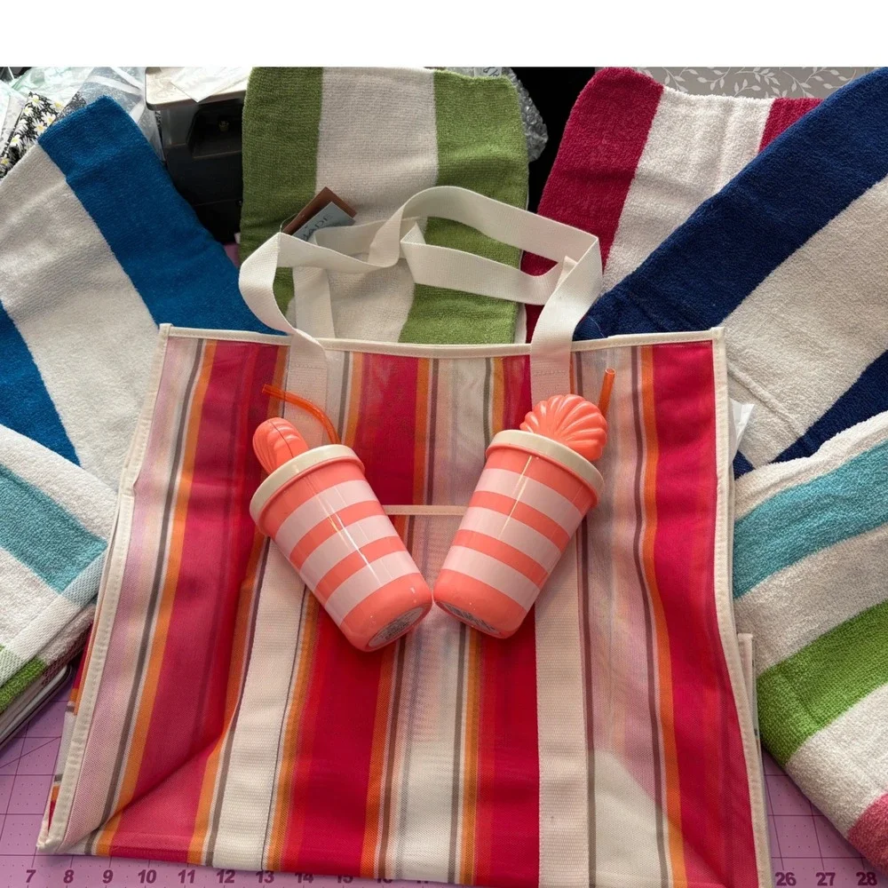 Beach Bundle Mesh Tote Bag, 2 Cabana Striped Towels, 2 Seashell Tumblers
